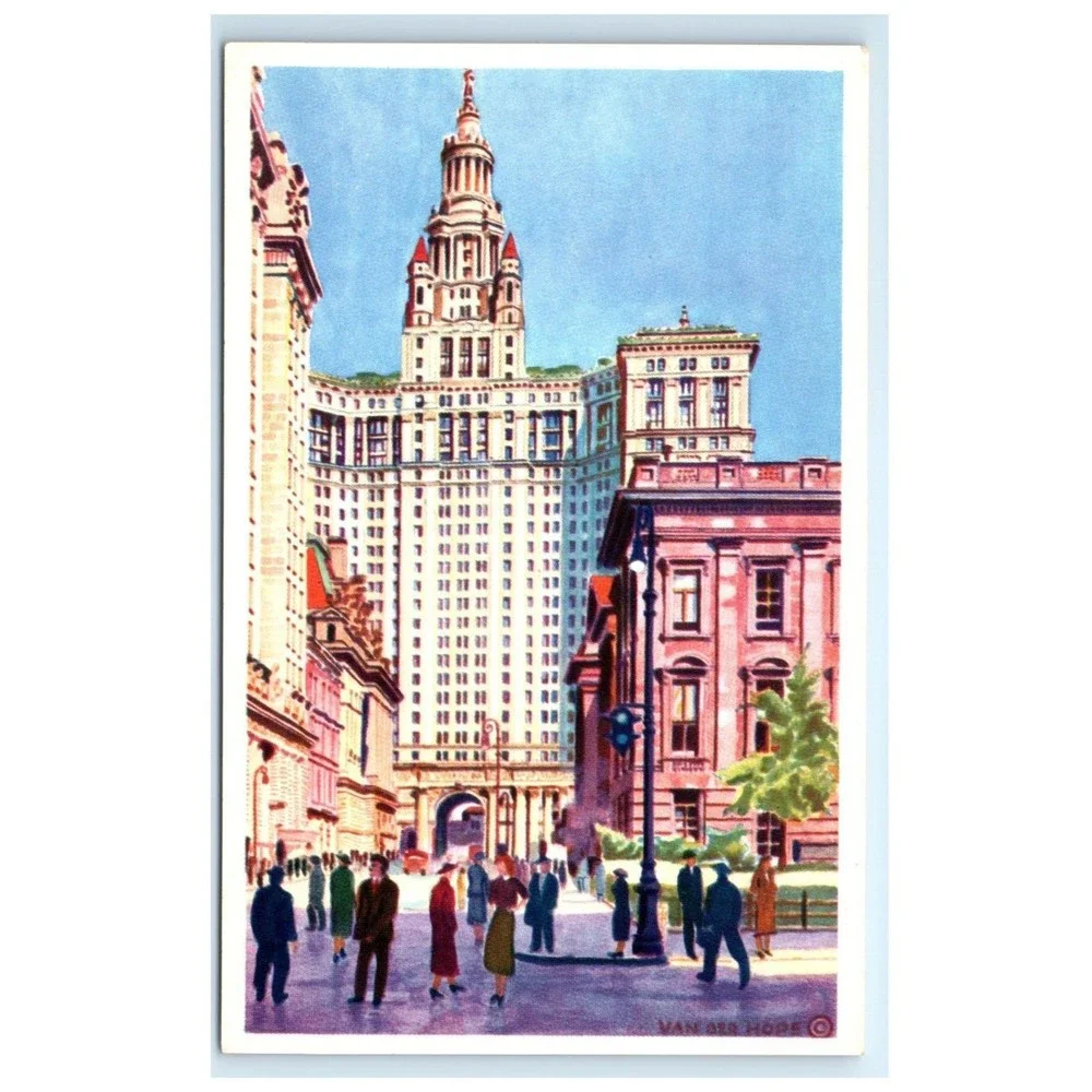 VTG Postcard Municipal Building Watercolor Marcus A Van Der Hope New York City